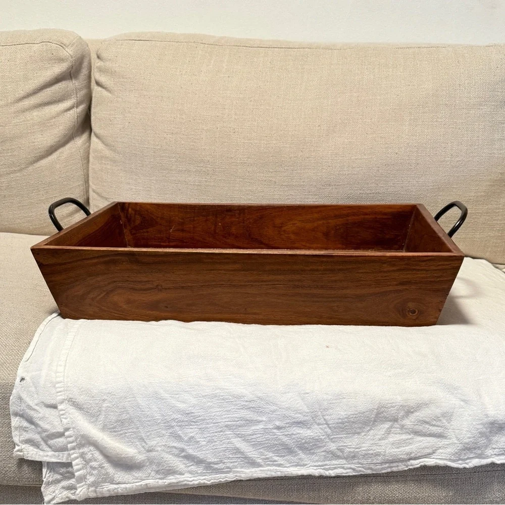 Large Rectangular Wood Tray with Metal Handles